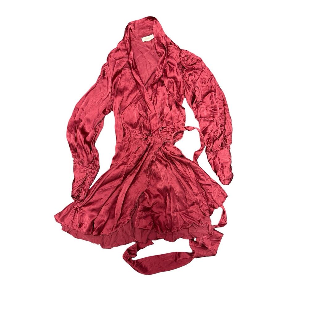 Zimmermann Silk Wrap Mini Dress Burgundy Long Sleeve Tie Waist US 8 (3) - Picture 8 of 16